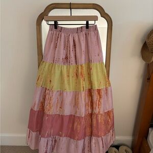 Anthropologie Pink and Yellow Tiered Maxi Skirt